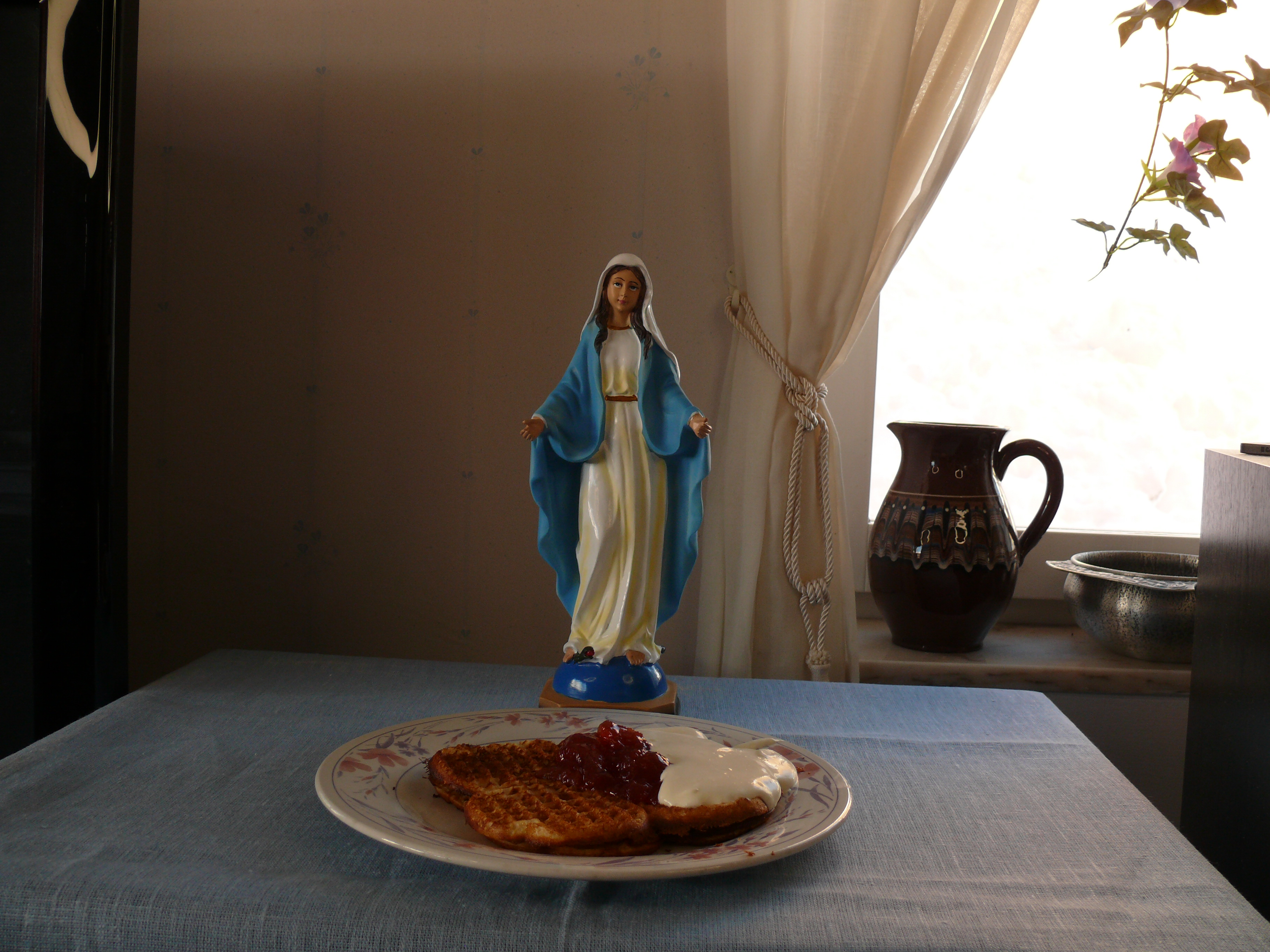 Virgin Mary with a meal of Waffles